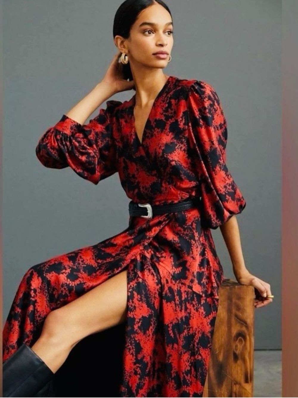 Red & Black Wrap Maxi Dress with Tied Waist